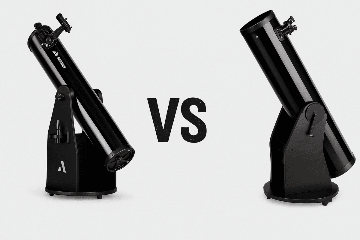 Side-by-side comparison of Apertura AD8 and Orion SkyQuest XT8 Dobsonian telescopes